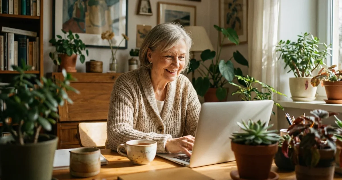 A smiling senior woman comfortably using her laptop in a bright, sunlit home office.