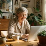 A smiling senior woman comfortably using her laptop in a bright, sunlit home office.