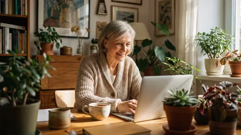 A smiling senior woman comfortably using her laptop in a bright, sunlit home office.