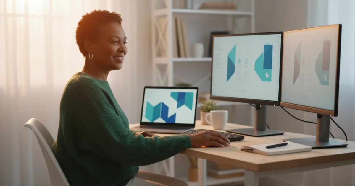 A smiling African American senior woman confidently sits at a desk with a laptop and a second connected monitor, bathed in golden hour light.