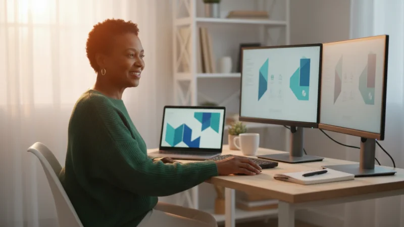A smiling African American senior woman confidently sits at a desk with a laptop and a second connected monitor, bathed in golden hour light.