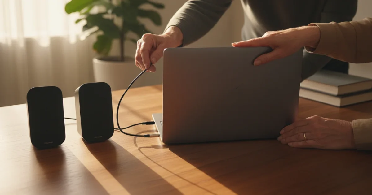 Hands of a senior person connecting an audio cable to a laptop, with two external speakers on a wooden desk in warm light.