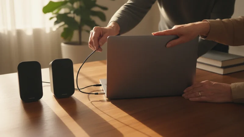 Hands of a senior person connecting an audio cable to a laptop, with two external speakers on a wooden desk in warm light.