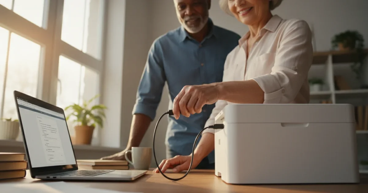 A senior woman connects a generic laptop to a printer with a cable on a desk, while a senior man watches, in a warm, sunlit home office.