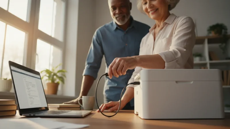 A senior woman connects a generic laptop to a printer with a cable on a desk, while a senior man watches, in a warm, sunlit home office.