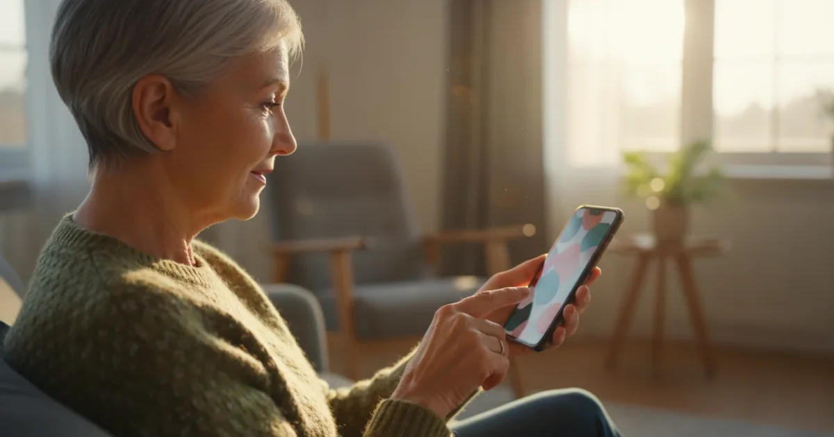 Over-the-shoulder view of a senior woman, 60s, confidently holding a generic smartphone. Natural light highlights her hands and the phone screen.