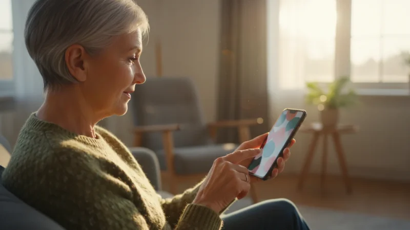 Over-the-shoulder view of a senior woman, 60s, confidently holding a generic smartphone. Natural light highlights her hands and the phone screen.