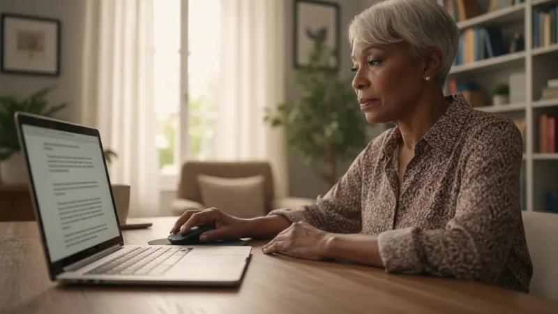 A confident African American senior woman is seen from a low angle, selecting text on a generic laptop screen with a mouse in a warm, naturally lit home office.