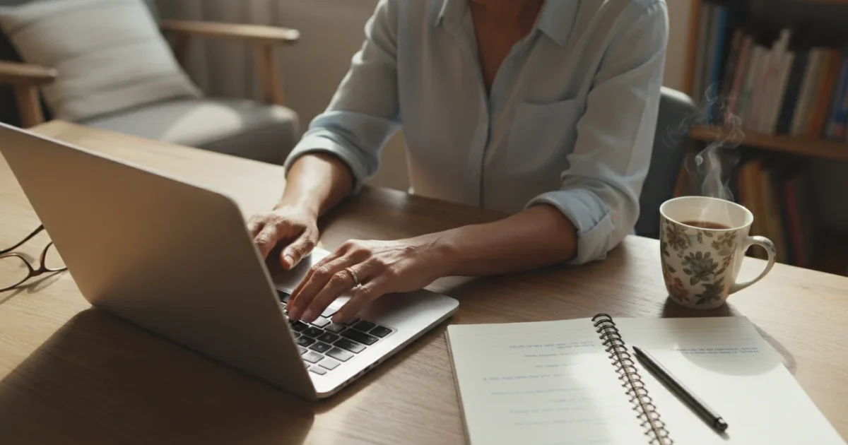 A confident senior woman typing on a laptop with a notebook nearby, captured from a high angle in warm, natural light, symbolizing secure password creation.