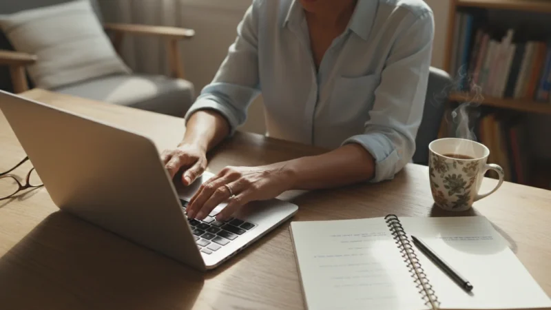 A confident senior woman typing on a laptop with a notebook nearby, captured from a high angle in warm, natural light, symbolizing secure password creation.