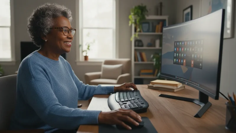 An older African American woman, smiling confidently, uses a desktop computer in a bright home office, bathed in natural light. Her hand is near the mouse.