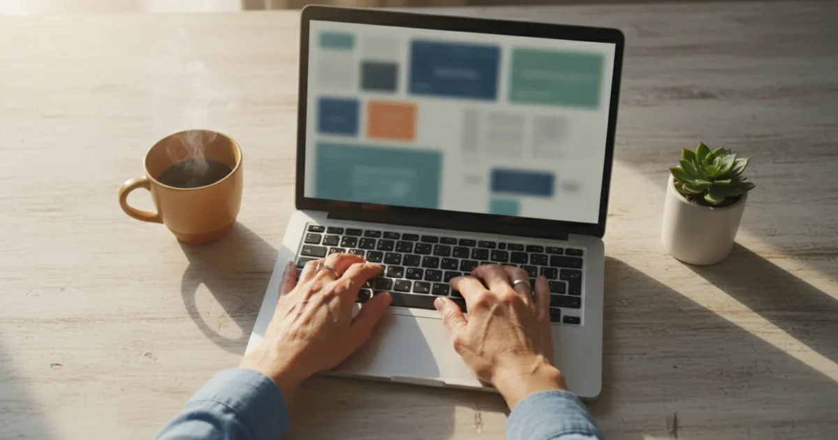 Hands of an older woman on a laptop keyboard, with a mug and plant on a wooden desk, viewed from above, implying digital privacy management.