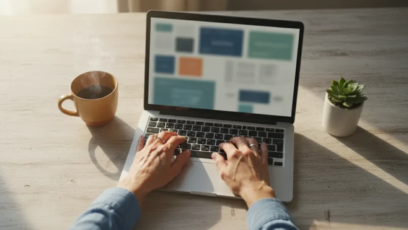 Hands of an older woman on a laptop keyboard, with a mug and plant on a wooden desk, viewed from above, implying digital privacy management.