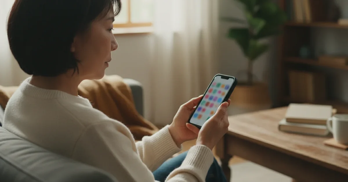An over-the-shoulder view of a senior Asian woman confidently using a smartphone in a warm, naturally lit living room, with a blurred app store on screen.
