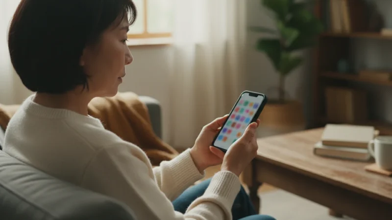 An over-the-shoulder view of a senior Asian woman confidently using a smartphone in a warm, naturally lit living room, with a blurred app store on screen.
