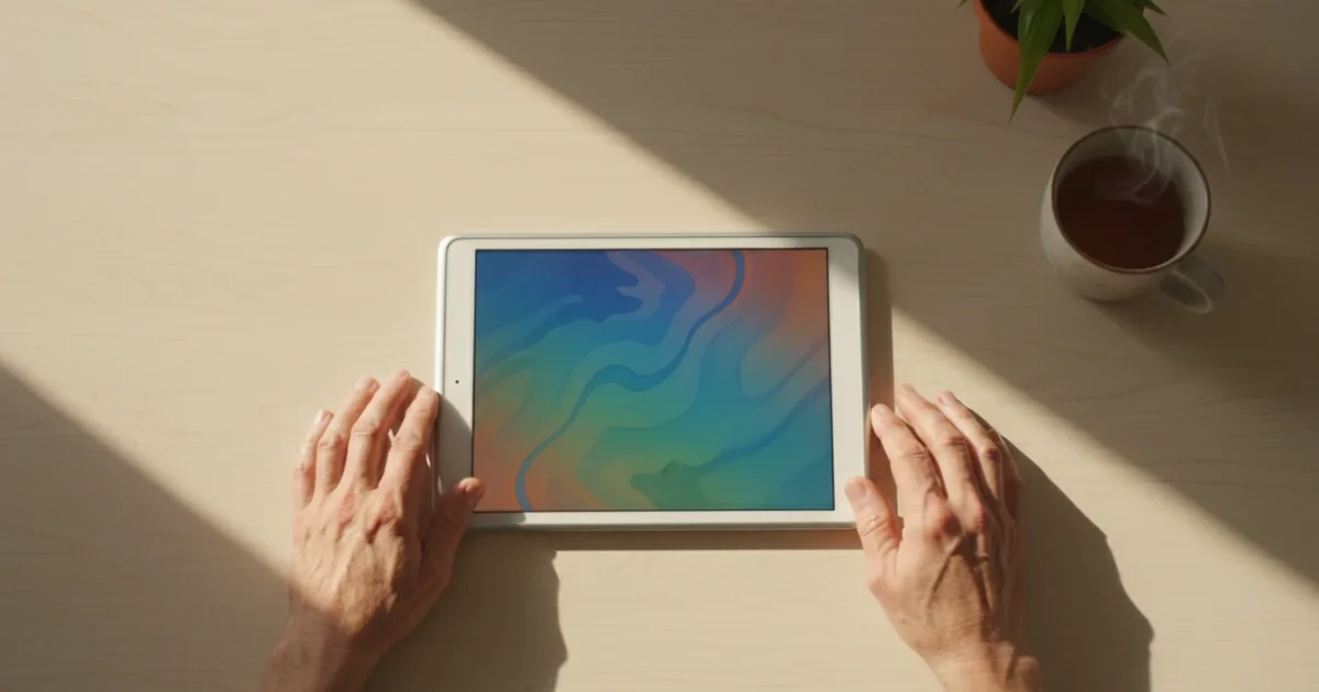 A high-angle flat lay of a generic Android tablet on a wooden table, with senior hands, a cup of tea, and a plant, in soft morning light.