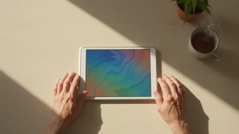 A high-angle flat lay of a generic Android tablet on a wooden table, with senior hands, a cup of tea, and a plant, in soft morning light.