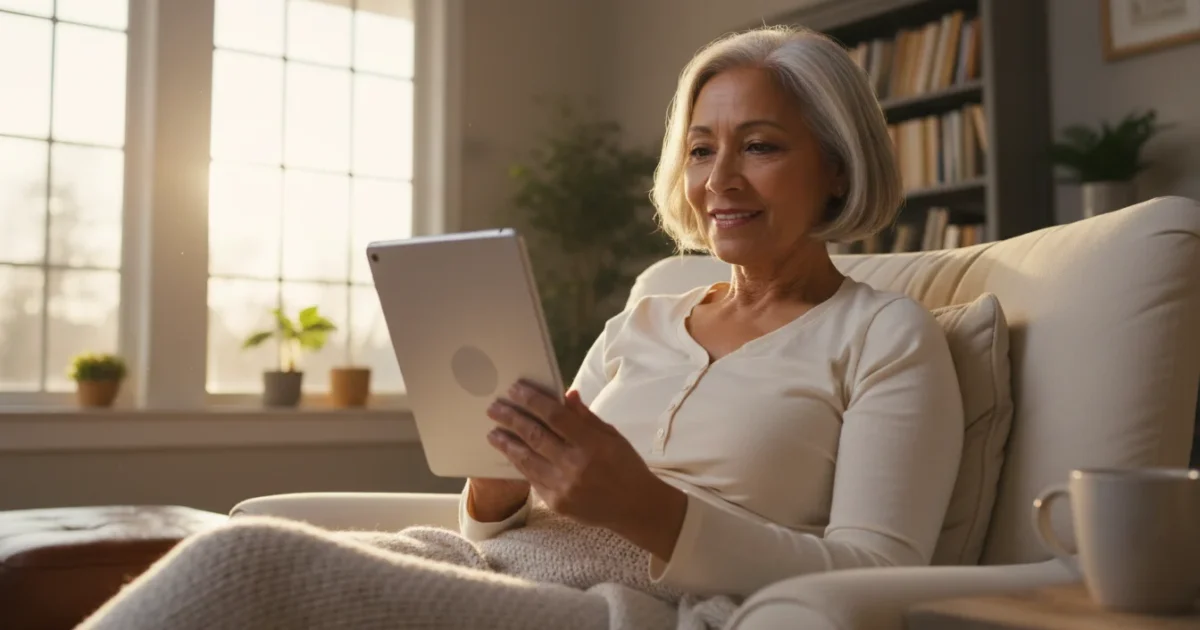 A senior woman reads an e-book on a tablet, smiling calmly in a sunlit living room.
