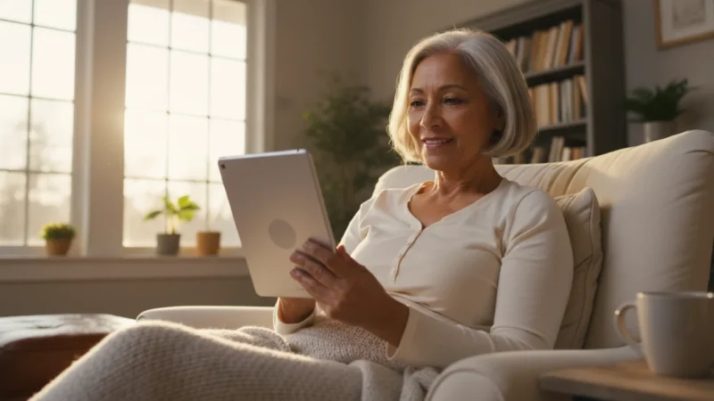 A senior woman reads an e-book on a tablet, smiling calmly in a sunlit living room.