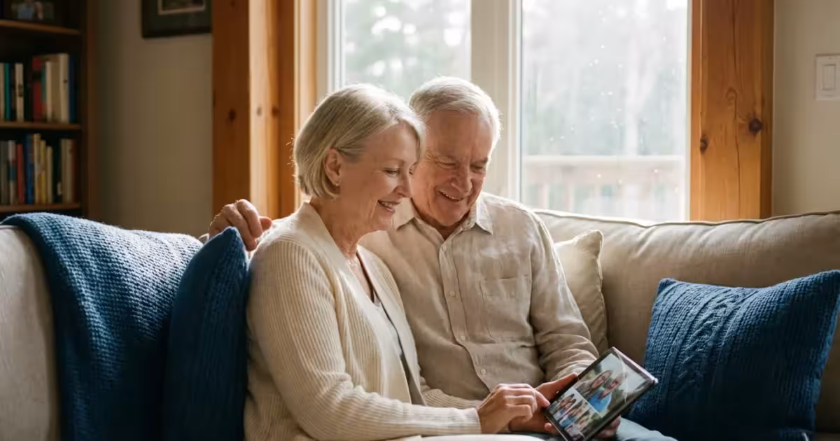 A senior couple calmly looking at a tablet together in a sunlit, modern living room.