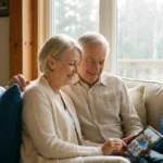 A senior couple calmly looking at a tablet together in a sunlit, modern living room.