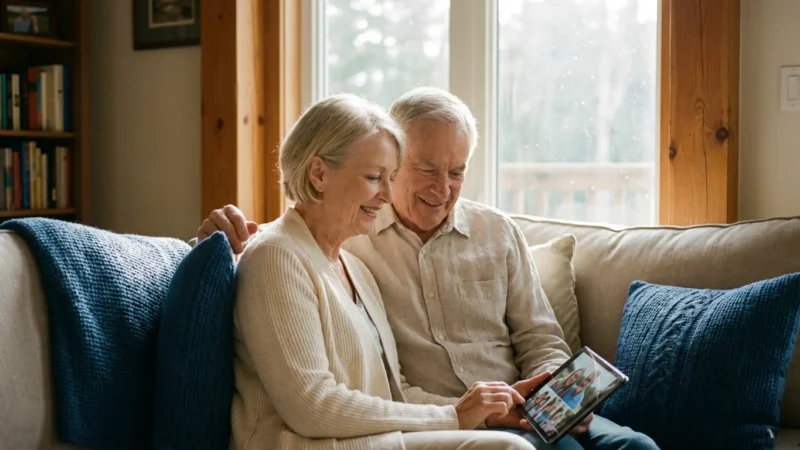 A senior couple calmly looking at a tablet together in a sunlit, modern living room.