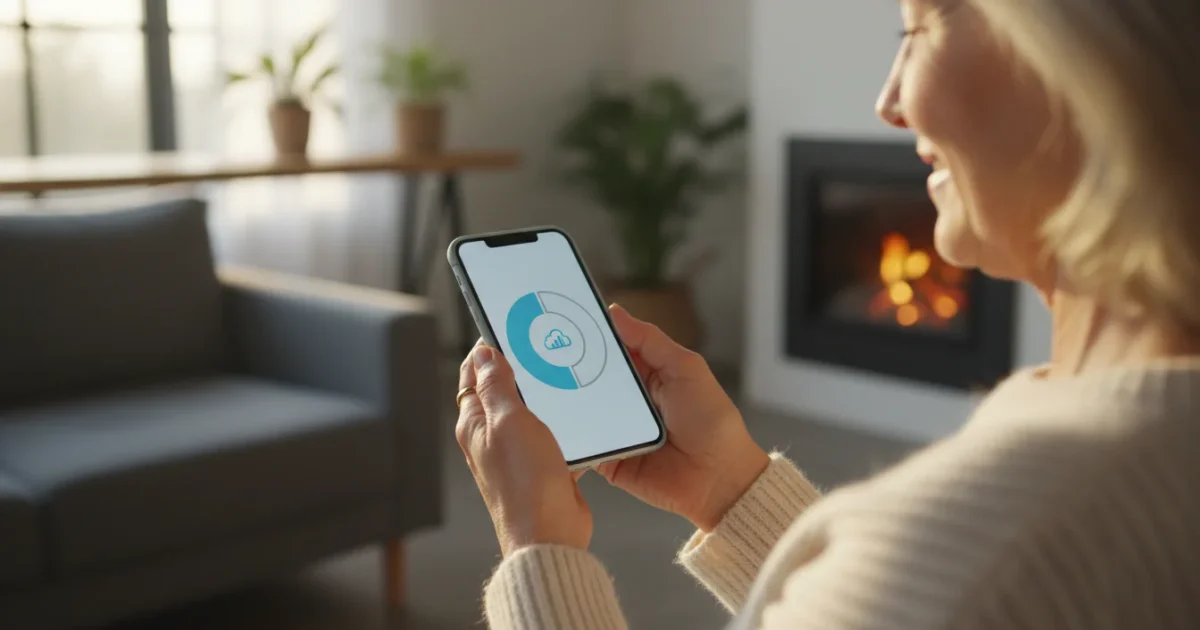 Over-the-shoulder view of an older woman confidently interacting with her smartphone, focused on a visual representation of storage.