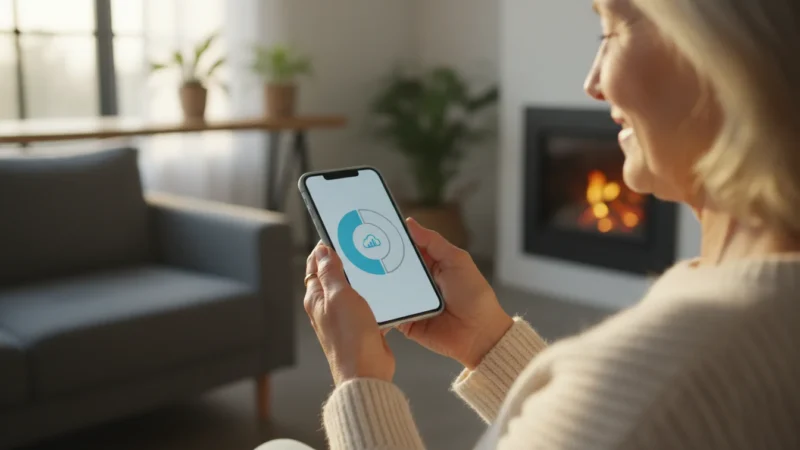 Over-the-shoulder view of an older woman confidently interacting with her smartphone, focused on a visual representation of storage.