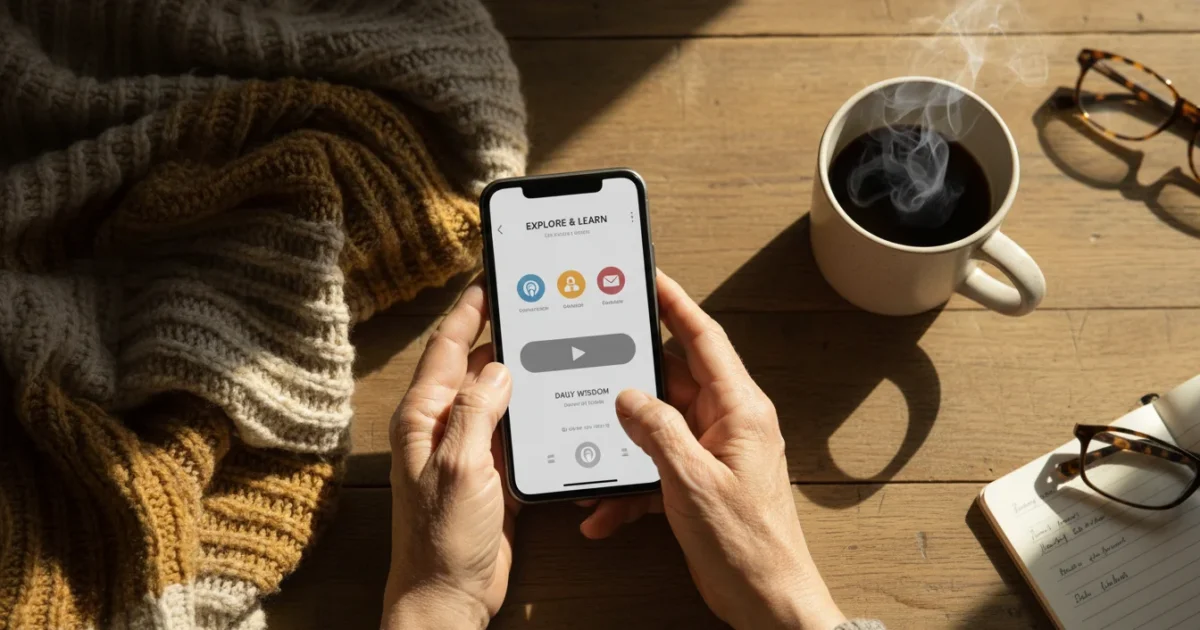 A flat lay image of a senior's hands holding a smartphone showing a podcast app, with a warm beverage and blanket on a wooden table.