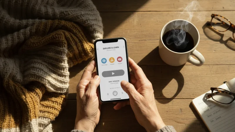 A flat lay image of a senior's hands holding a smartphone showing a podcast app, with a warm beverage and blanket on a wooden table.
