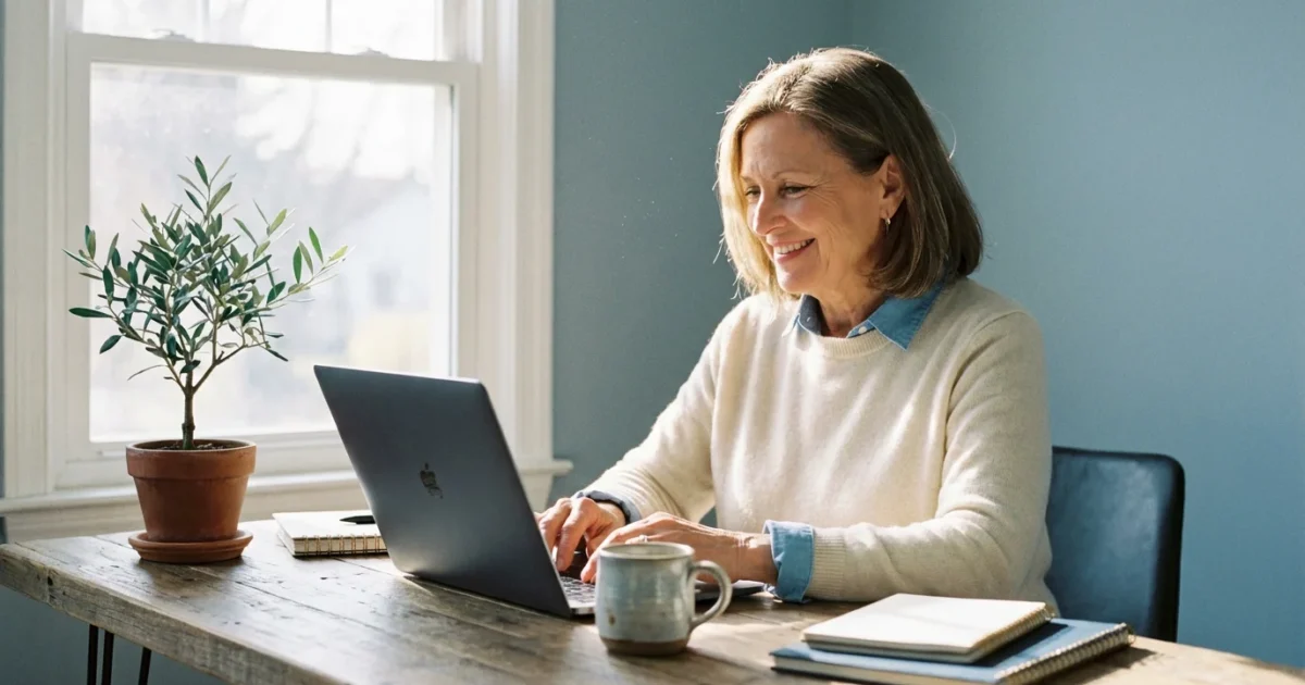 A senior woman smiling confidently at her laptop in a bright, warm home office with natural lighting.