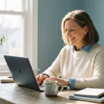 A senior woman smiling confidently at her laptop in a bright, warm home office with natural lighting.
