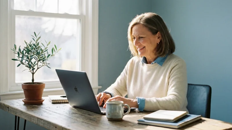 A senior woman smiling confidently at her laptop in a bright, warm home office with natural lighting.