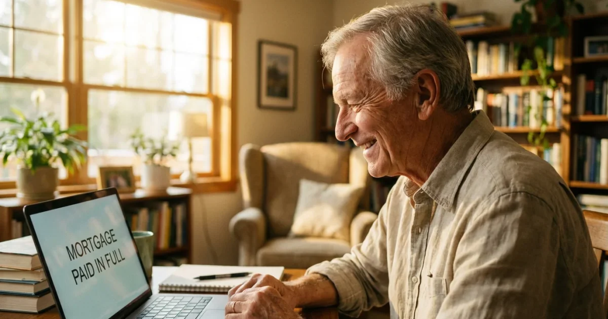 A senior man smiling at his laptop in a bright home office, feeling confident about using technology.