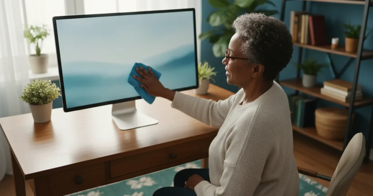 An African American senior woman is seen from over-the-shoulder, cleaning a generic computer screen with a cloth in a sunlit home office.