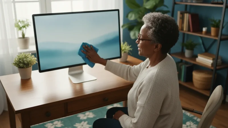 An African American senior woman is seen from over-the-shoulder, cleaning a generic computer screen with a cloth in a sunlit home office.