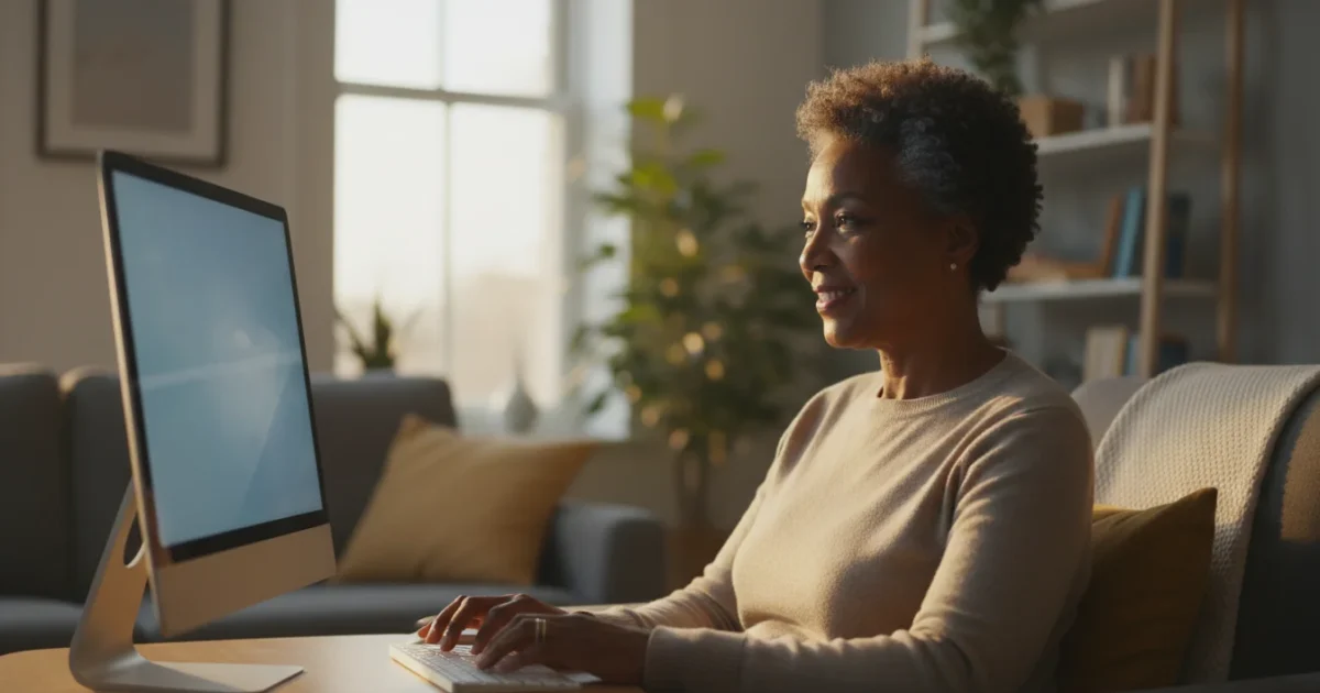 A senior African American woman, 60s, sits confidently at a desk, gently smiling while looking at a computer screen in a warmly lit living room.