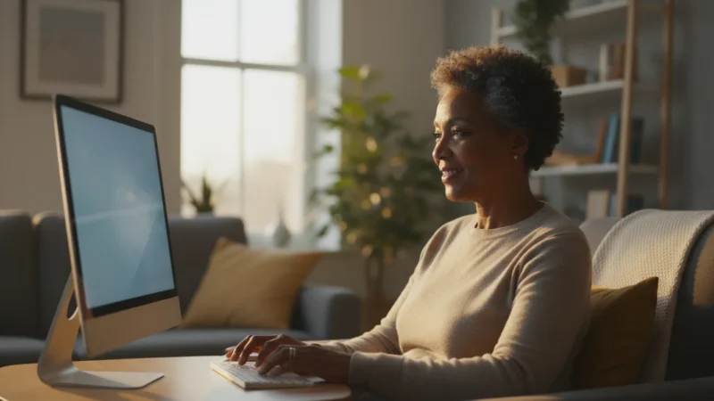 A senior African American woman, 60s, sits confidently at a desk, gently smiling while looking at a computer screen in a warmly lit living room.