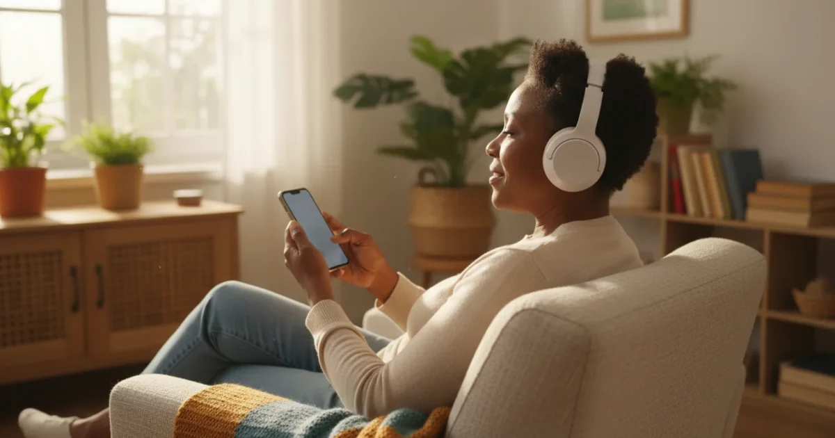 A smiling African American senior woman in her 60s, wearing headphones, confidently listening to an audiobook on a smartphone in a sunny living room.