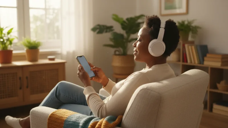 A smiling African American senior woman in her 60s, wearing headphones, confidently listening to an audiobook on a smartphone in a sunny living room.