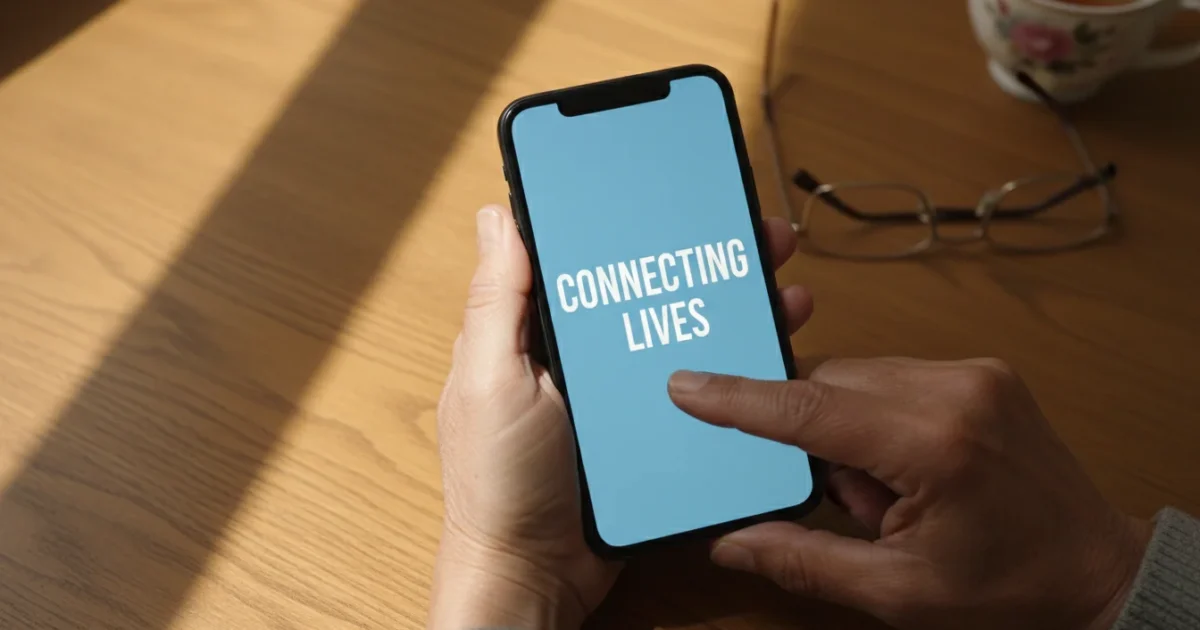 A high-angle flat lay shot of diverse senior hands holding a generic smartphone with large text on the screen, resting on a wooden table with natural light.