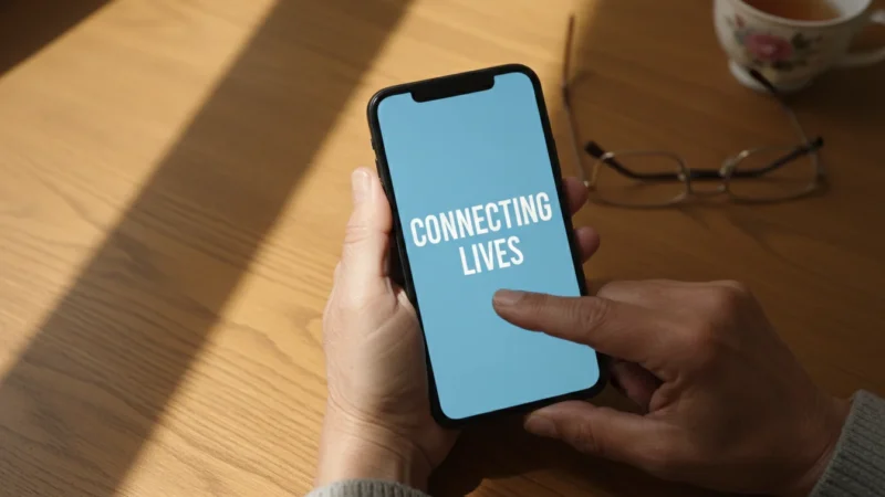A high-angle flat lay shot of diverse senior hands holding a generic smartphone with large text on the screen, resting on a wooden table with natural light.