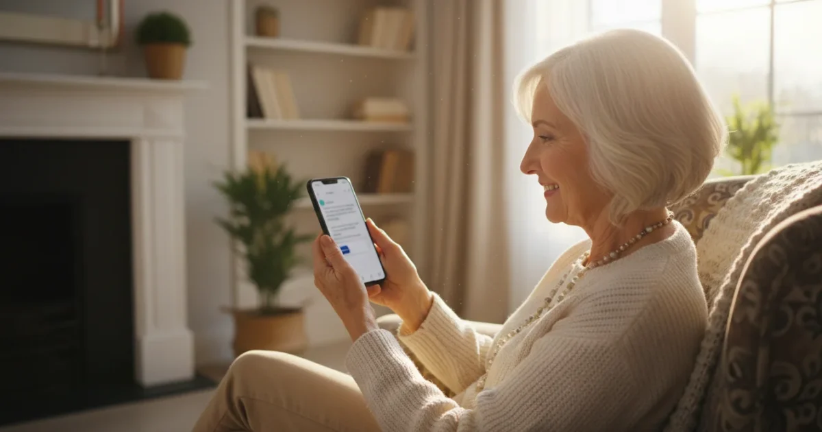 A senior woman views a smartphone screen comfortably in a bright living room, seen over her shoulder.