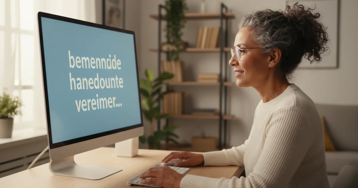A senior woman comfortably uses a computer with a clear, easy-to-read screen, illuminated by natural window light.