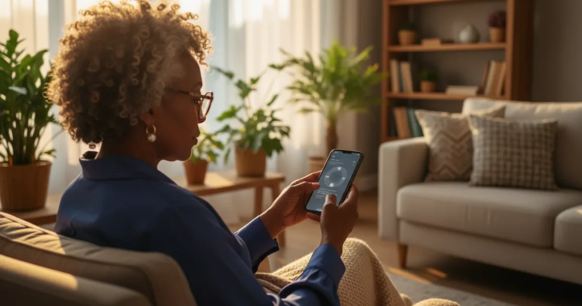 An African American woman, 60s, uses a smartphone in her sunlit living room, seen over her shoulder, confidently interacting with the screen.