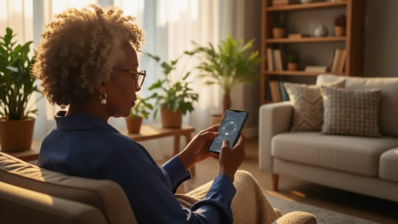 An African American woman, 60s, uses a smartphone in her sunlit living room, seen over her shoulder, confidently interacting with the screen.
