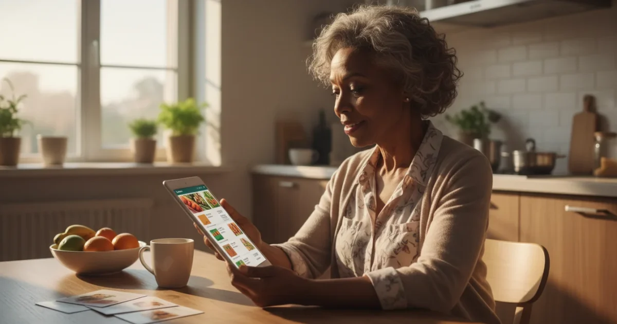 A smiling African American senior woman in her 60s confidently using a tablet to shop for groceries online at a sunlit kitchen table.