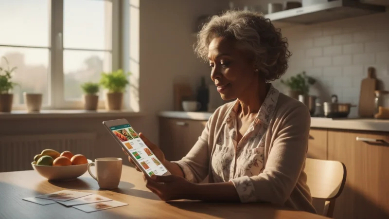 A smiling African American senior woman in her 60s confidently using a tablet to shop for groceries online at a sunlit kitchen table.
