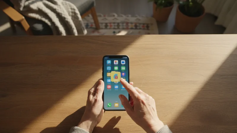 High angle flat lay of an older woman's hands confidently organizing apps into a folder on a smartphone screen, on a wooden table.