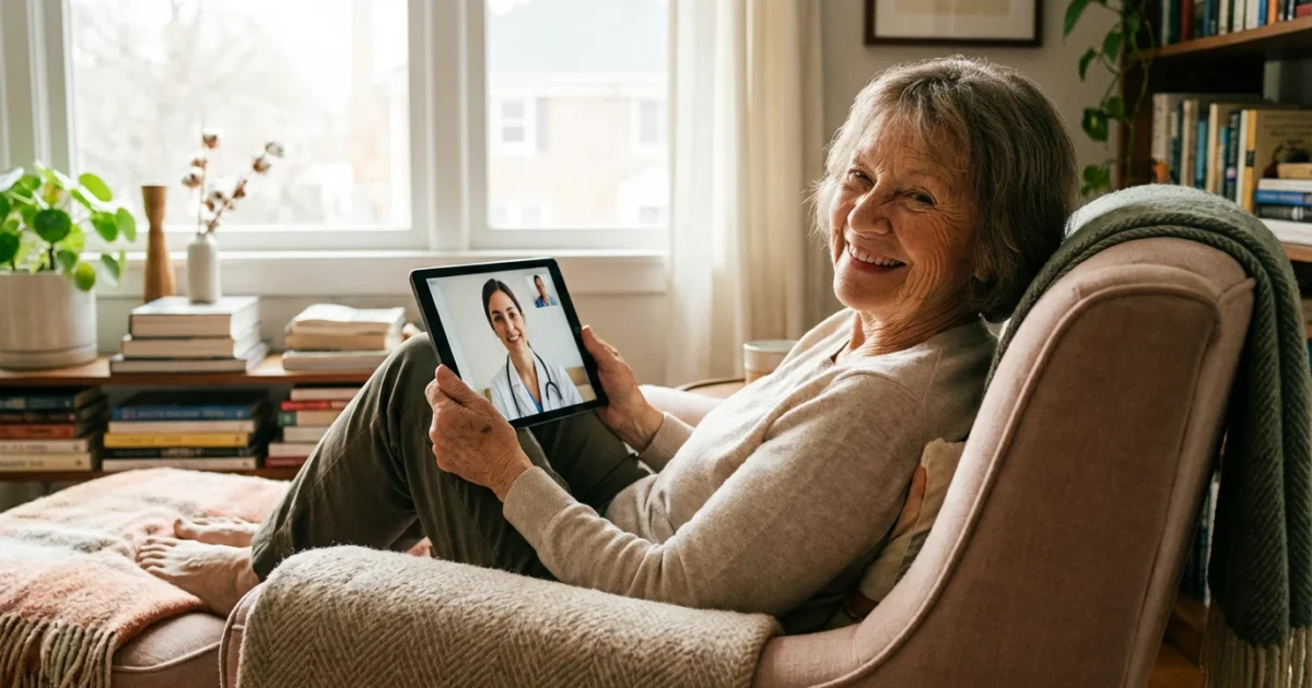 A senior woman smiles during a telehealth video call on her tablet from a comfortable living room chair.
